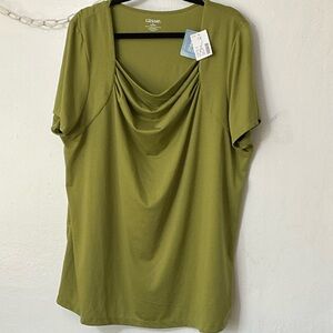 Liz Claiborne Olive Green Short-Sleeve Draped Scoop Neck Top